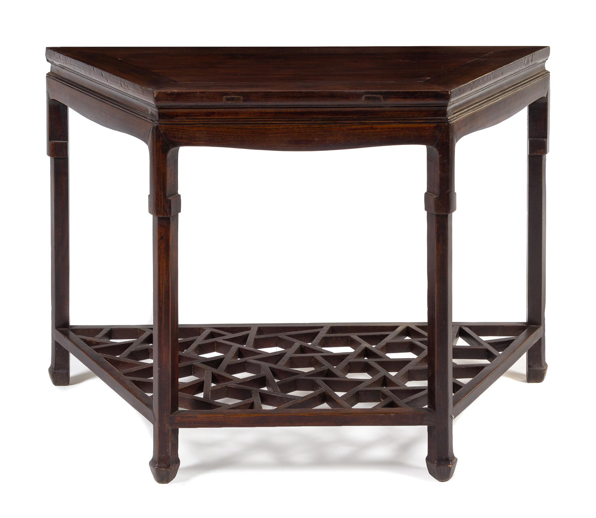 A Chinese Hardwood Demi-Lune Console Table, Shanmianzhuo Height 34 x width 50 x depth 22 inches. — LATE QING DYNASTY