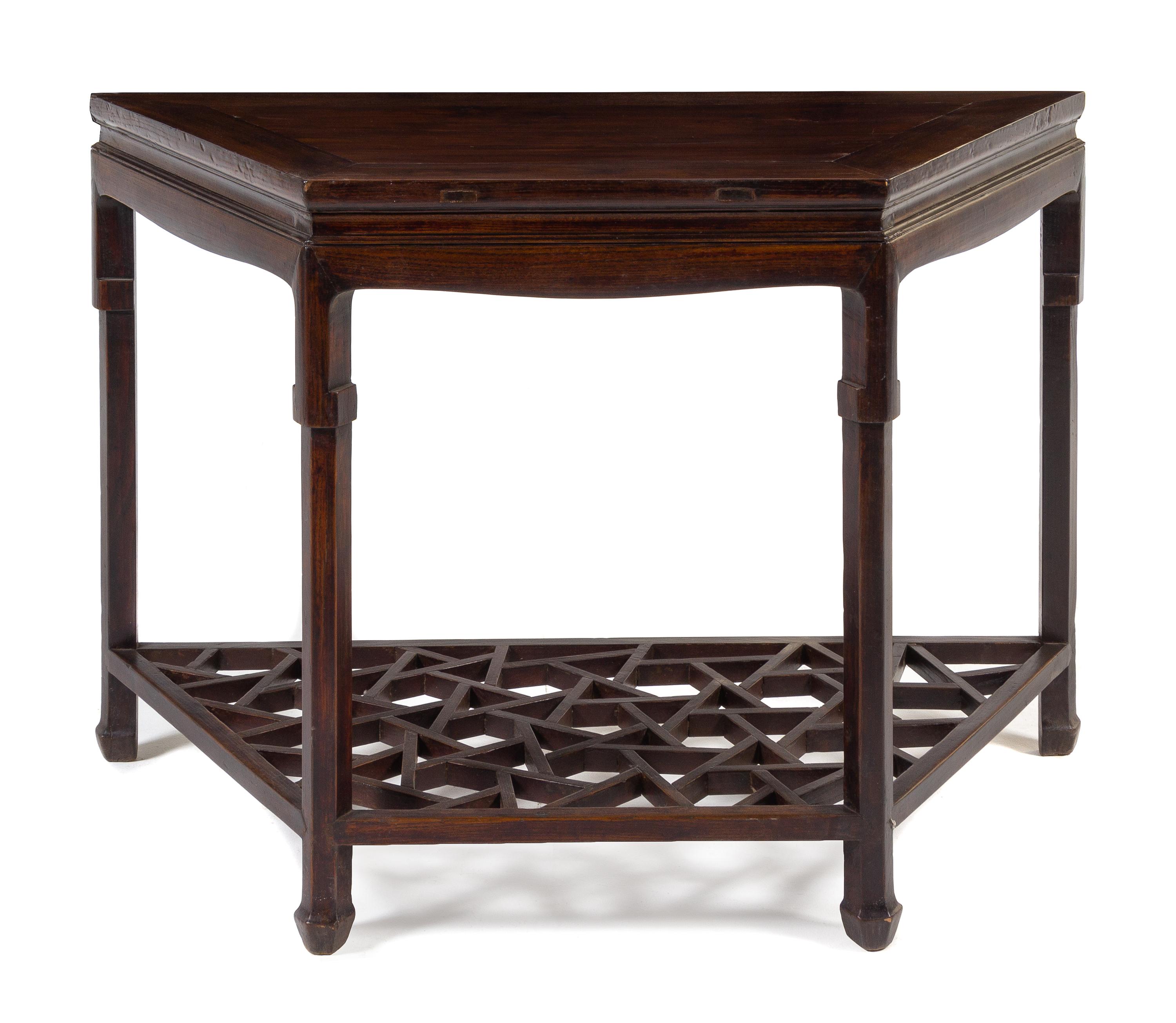 A Chinese Hardwood Demi-Lune Console Table, Shanmianzhuo Height 34 x width 50 x depth 22 inches. — LATE QING DYNASTY