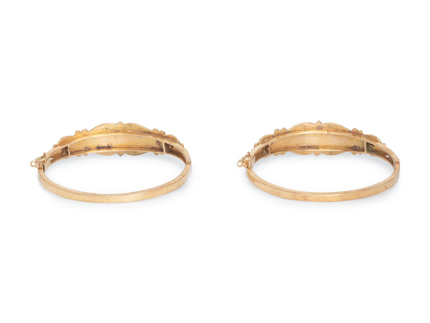 PAIR OF YELLOW GOLD, CULTURED PEARL AND ENAMEL BANGLE BRACELETS