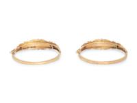 PAIR OF YELLOW GOLD, CULTURED PEARL AND ENAMEL BANGLE BRACELETS