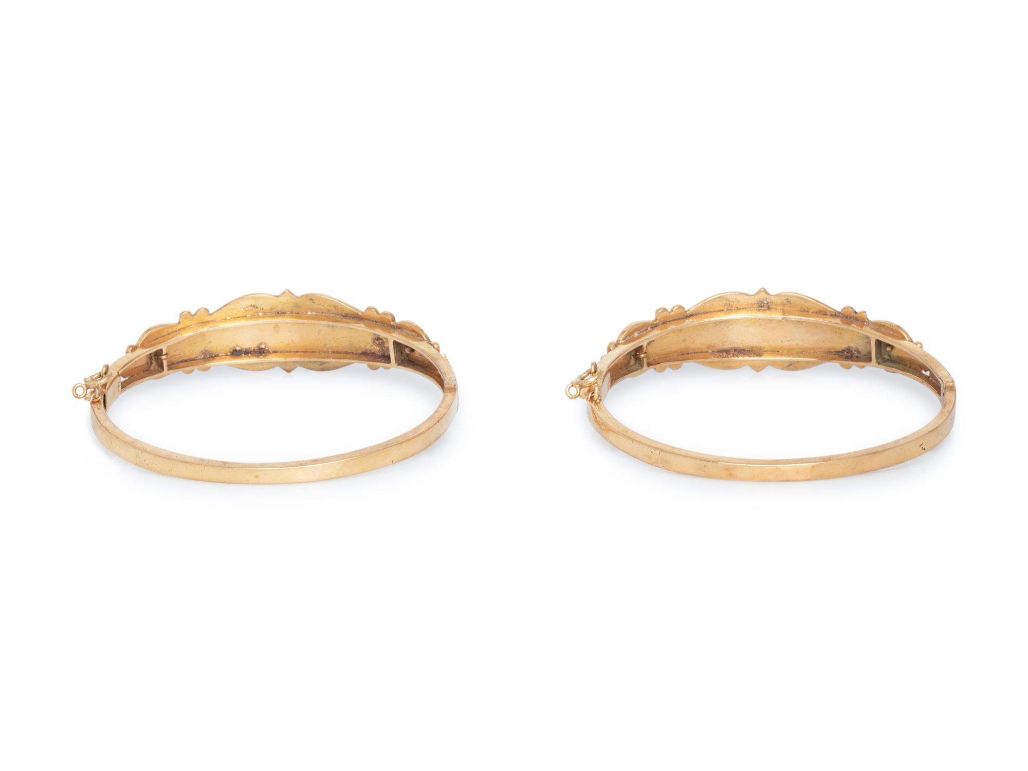 PAIR OF YELLOW GOLD, CULTURED PEARL AND ENAMEL BANGLE BRACELETS