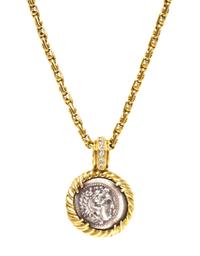 An 18 Karat Yellow Gold, Diamond and Ancient Greek Coin Necklace, 23.90 dwts.