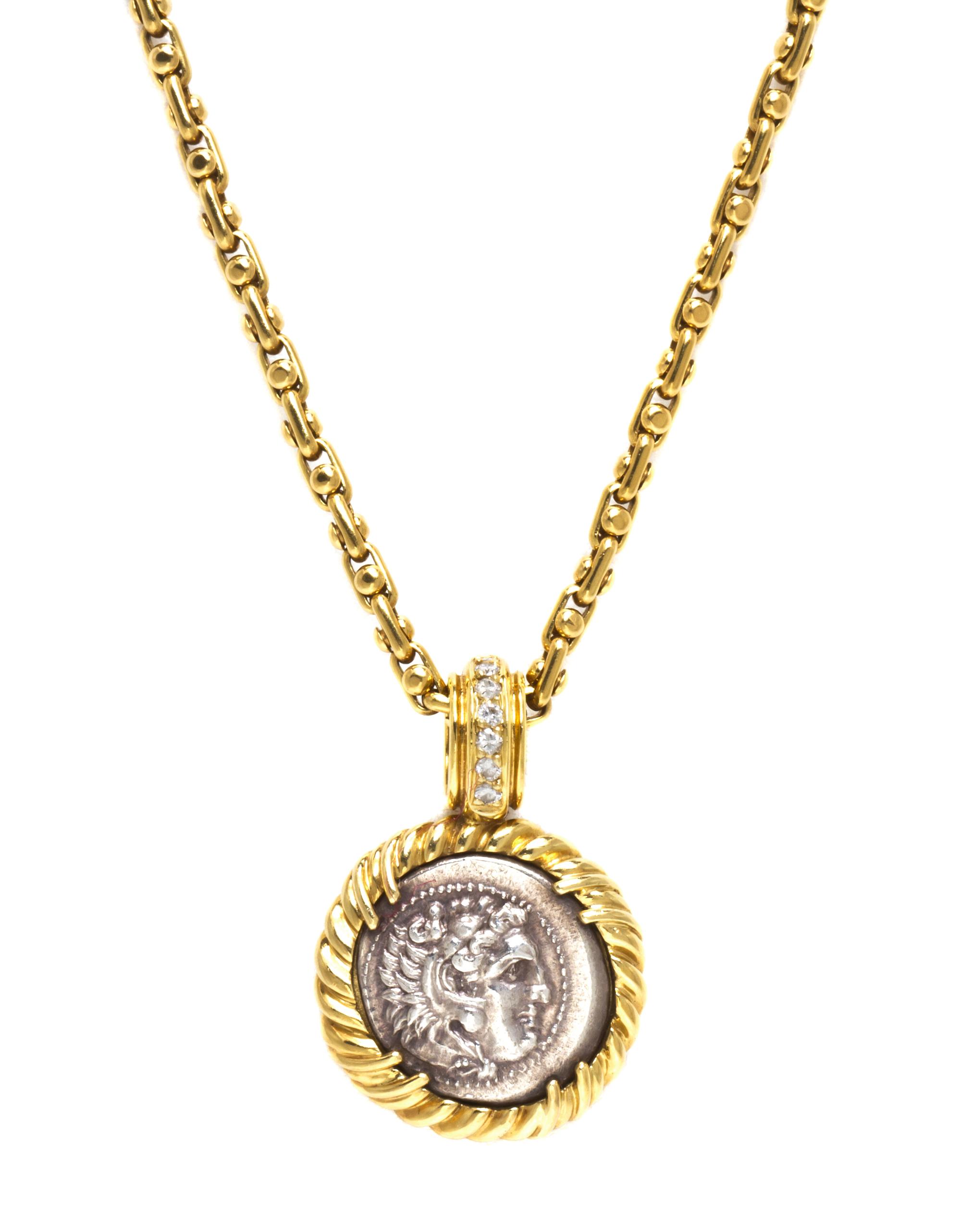 An 18 Karat Yellow Gold, Diamond and Ancient Greek Coin Necklace, 23.90 dwts.