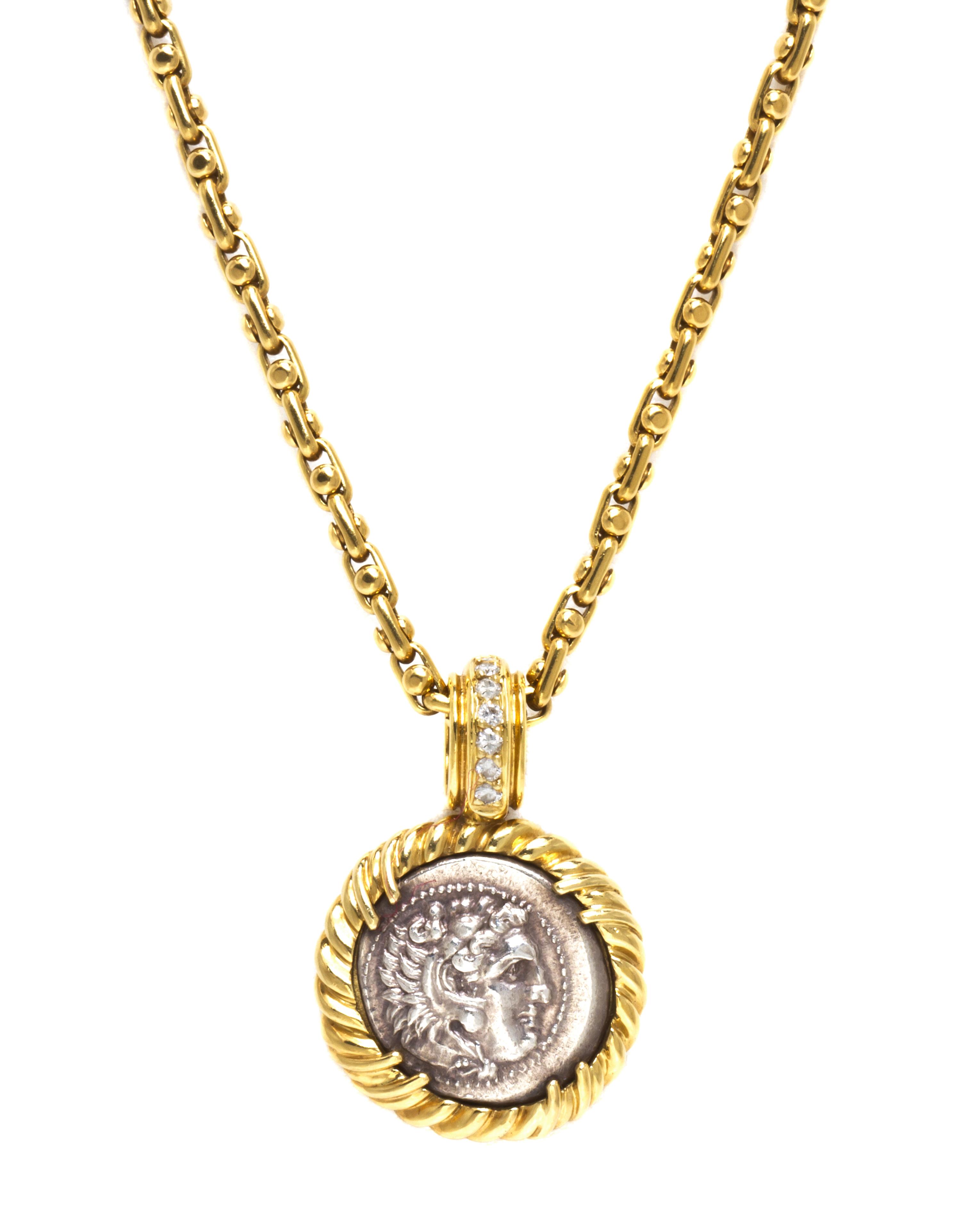 An 18 Karat Yellow Gold, Diamond and Ancient Greek Coin Necklace, 23.90 dwts.