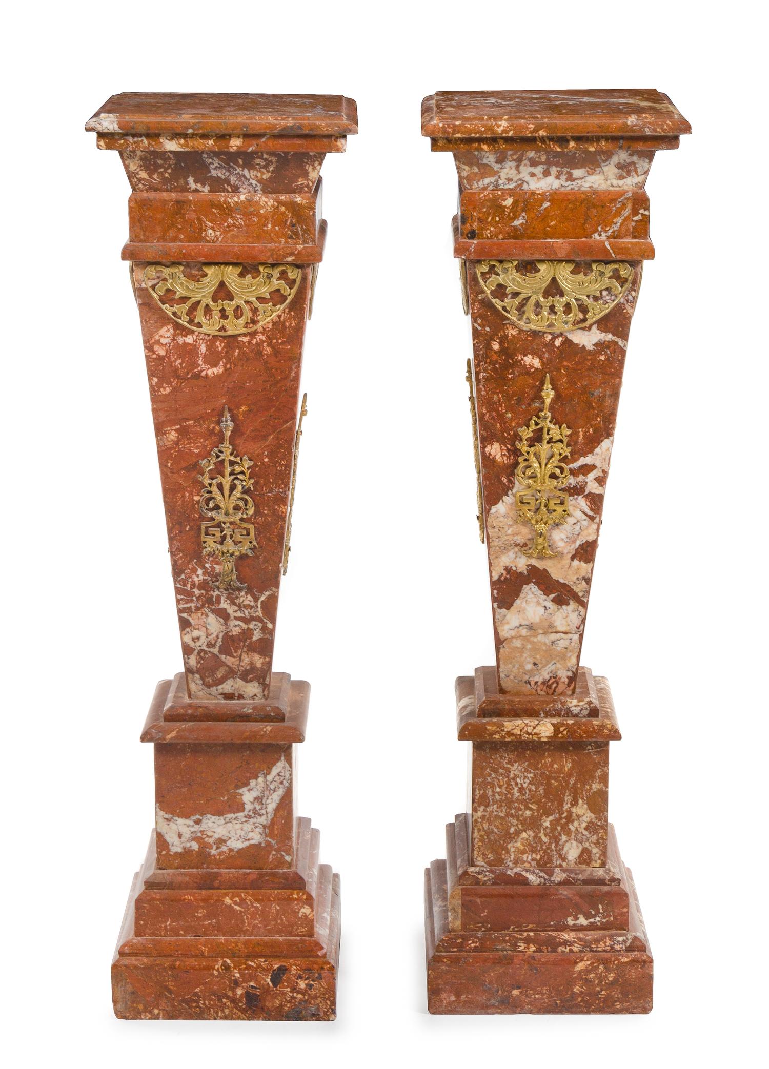 A Pair of Gilt Metal Mounted Marble Pedestals Height 47 x width 12 7/8 x depth 12 7/8 inches. — LATE 19TH/EARLY 20TH CENTURY
