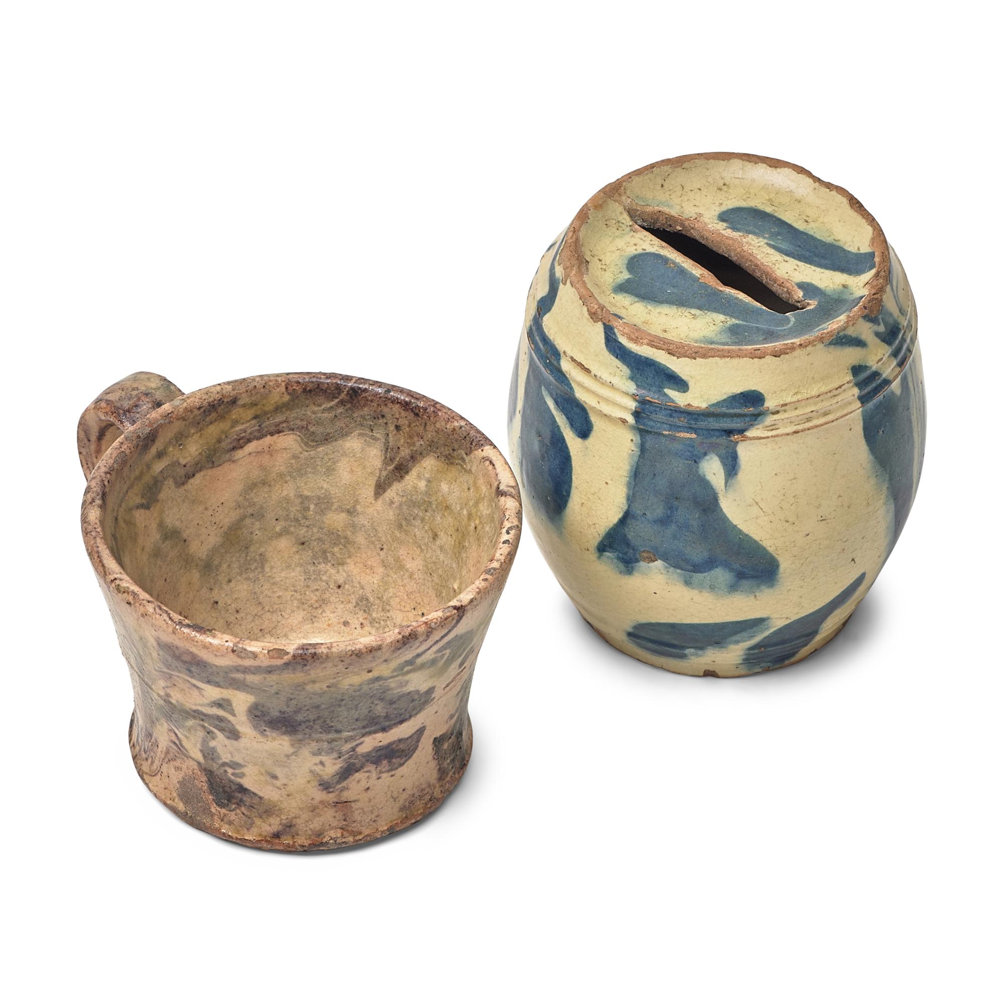 A Slip-Decorated Redware Bank and Mug