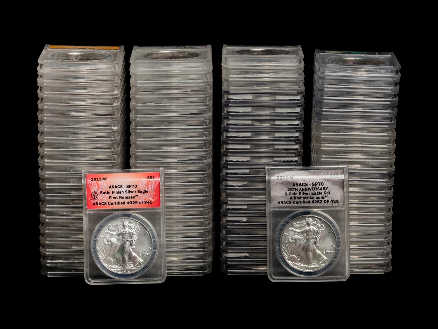 A Collection Seventy-Six of ANACS Graded MS70, SP70 and EU70 Silver Eagle $1 Coins