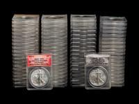 A Collection Seventy-Six of ANACS Graded MS70, SP70 and EU70 Silver Eagle $1 Coins