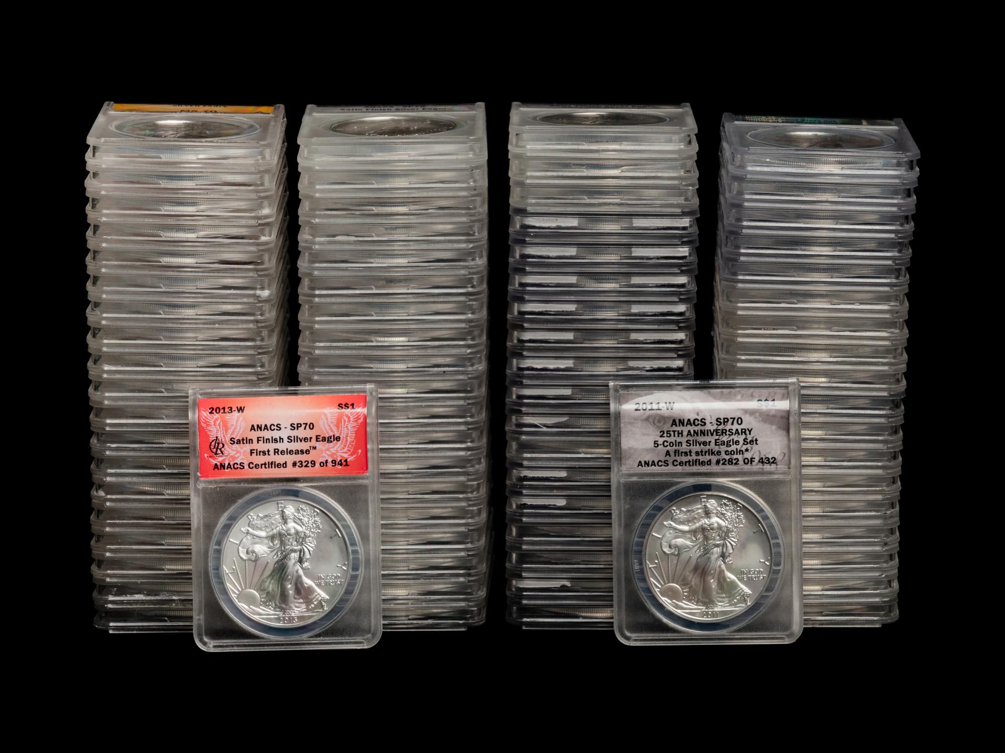 A Collection Seventy-Six of ANACS Graded MS70, SP70 and EU70 Silver Eagle $1 Coins