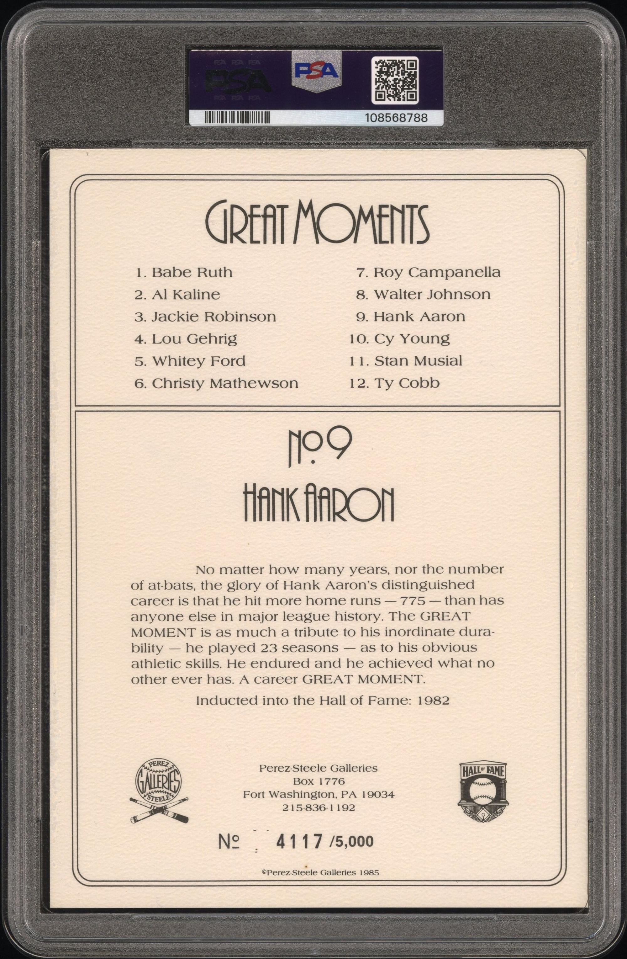 A Hank Aaron Signed Autograph Perez Steele Great Moments Postcard (PSA 9 AUTO)