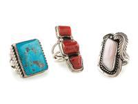 Silver Rings, with Shell, Coral, and Turquoise Inlay