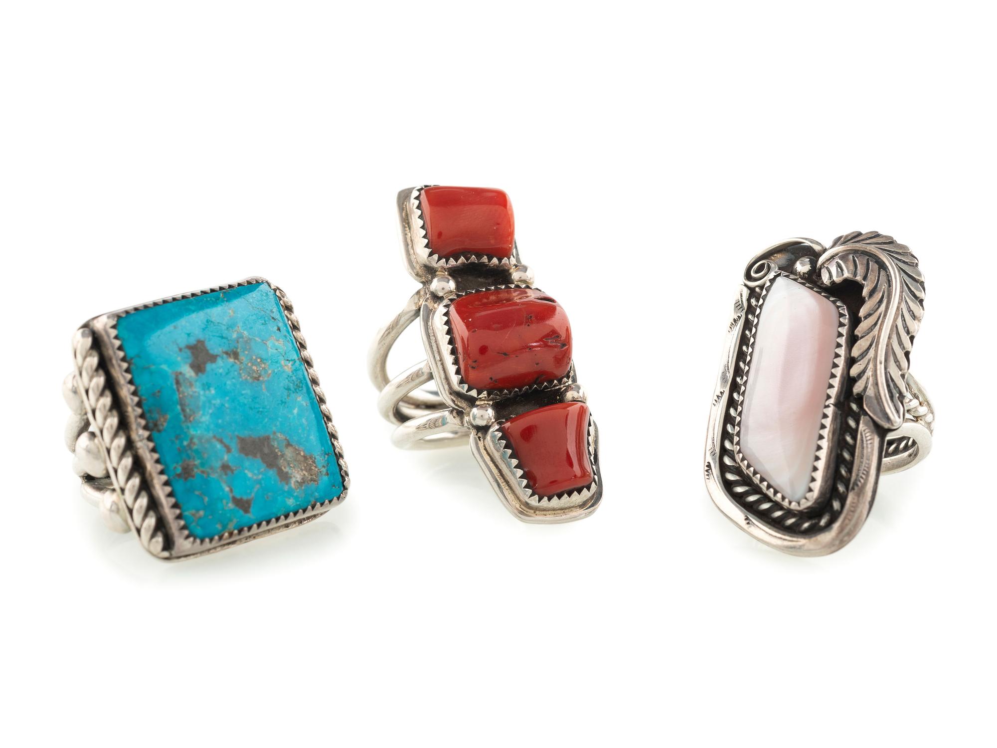 Silver Rings, with Shell, Coral, and Turquoise Inlay