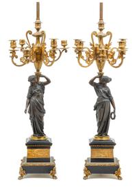 A Pair of Continental Gilt and Patinated Bronze Figural Candelabra Height 42 1/2 inches. — LATE 19TH CENTURY