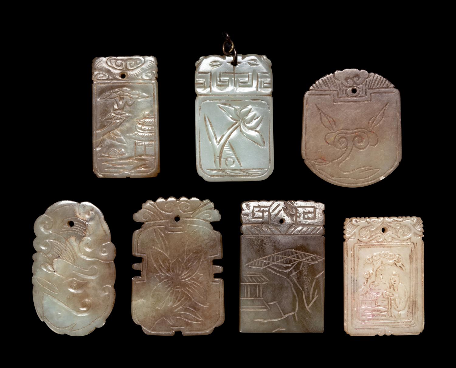 Seven Chinese Celadon Jade Carved Plaques