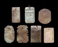 Seven Chinese Celadon Jade Carved Plaques