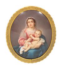 A Dresden Painted Porcelain Oval Plaque of the Madonna and Child
