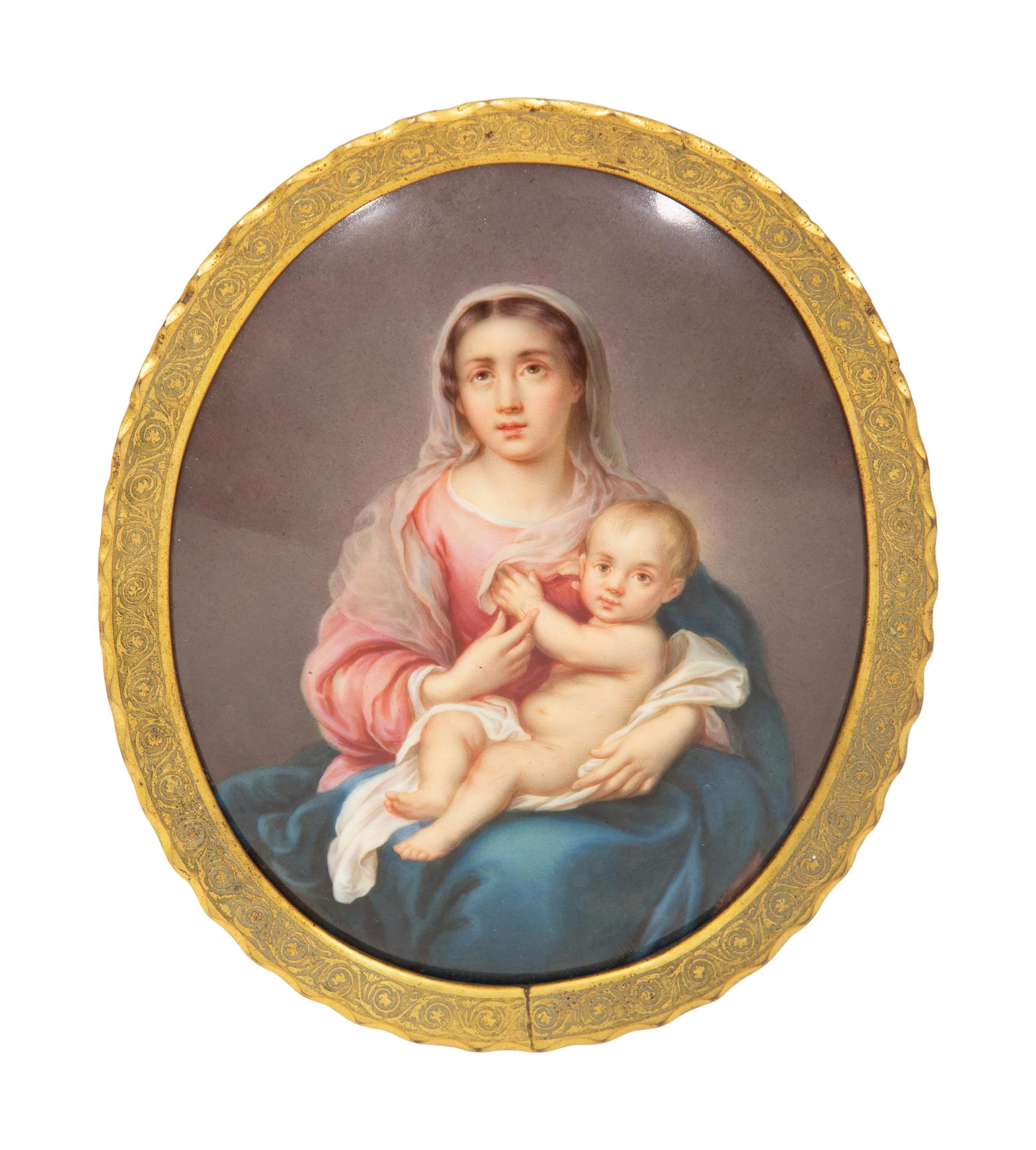 A Dresden Painted Porcelain Oval Plaque of the Madonna and Child