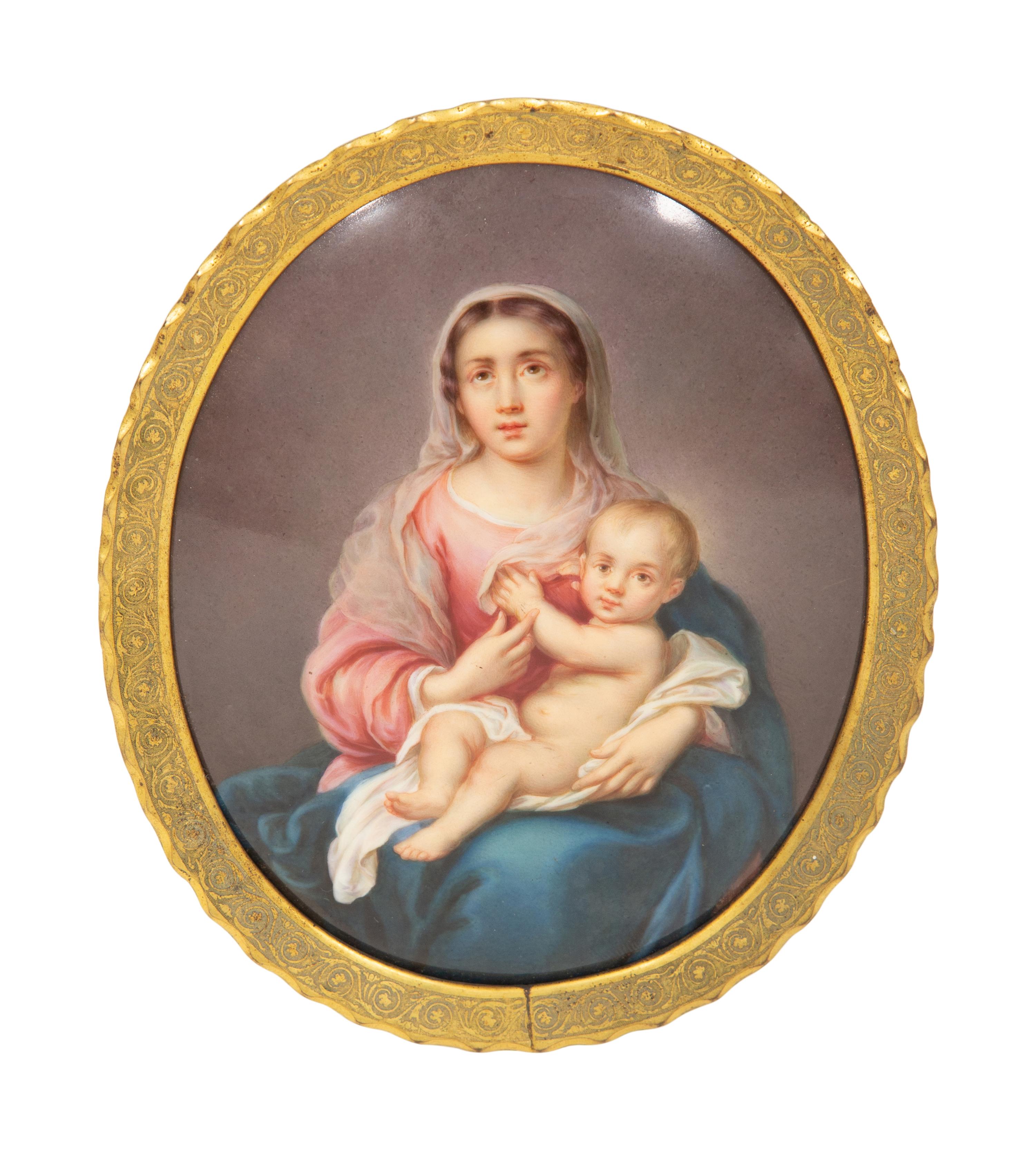 A Dresden Painted Porcelain Oval Plaque of the Madonna and Child