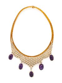 YELLOW GOLD, DIAMOND, AMETHYST AND CULTURED MABE PEARL CONVERTIBLE NECKLACE