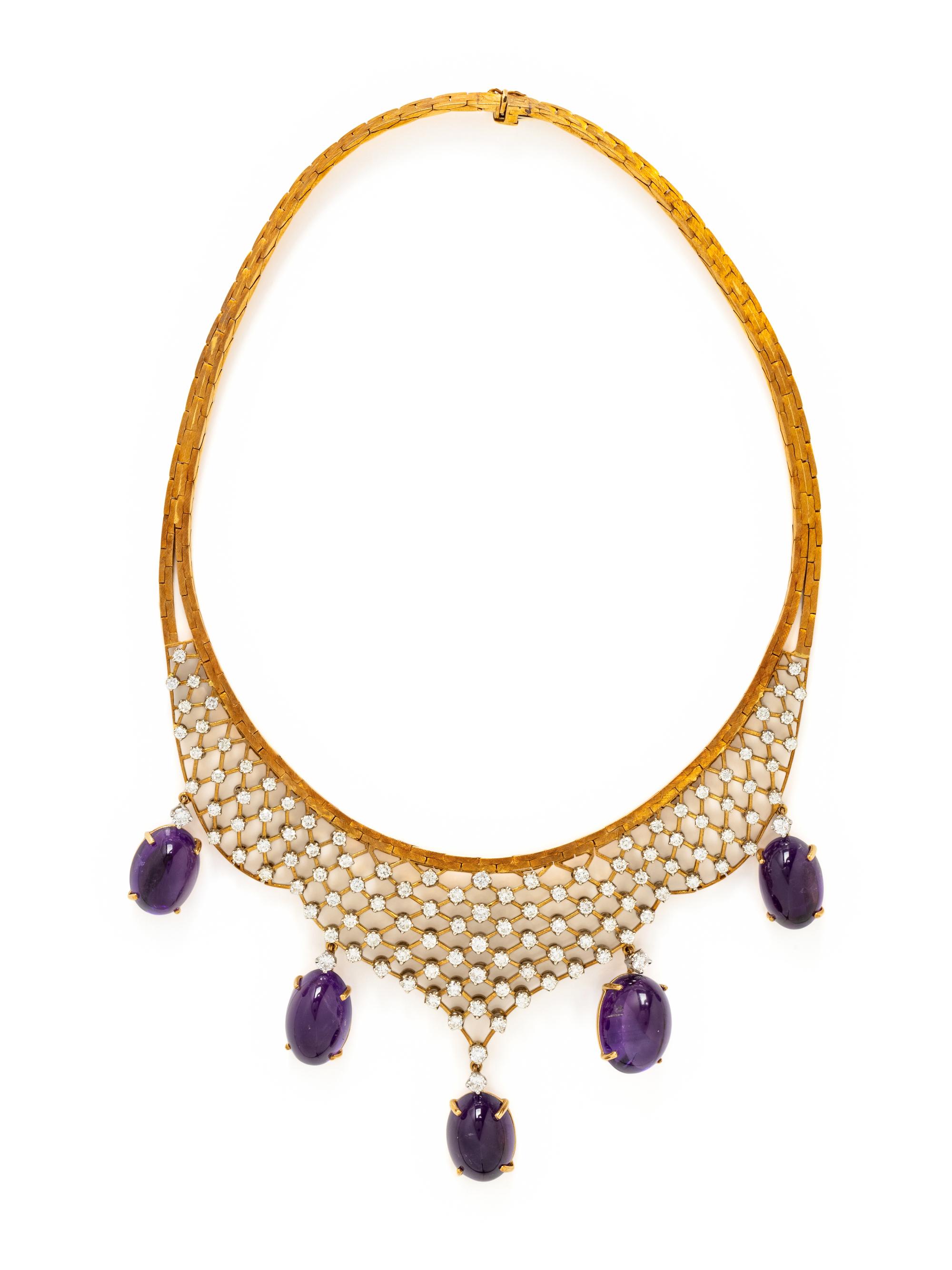 YELLOW GOLD, DIAMOND, AMETHYST AND CULTURED MABE PEARL CONVERTIBLE NECKLACE