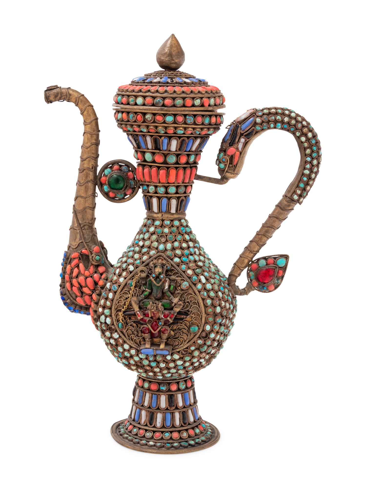 A Middle Eastern Coral, Turquoise and Gemstone-Set Copper Ewer