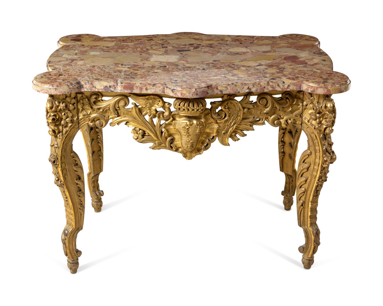 A Louis XV Style Carved Giltwood Marble-Top Center Table