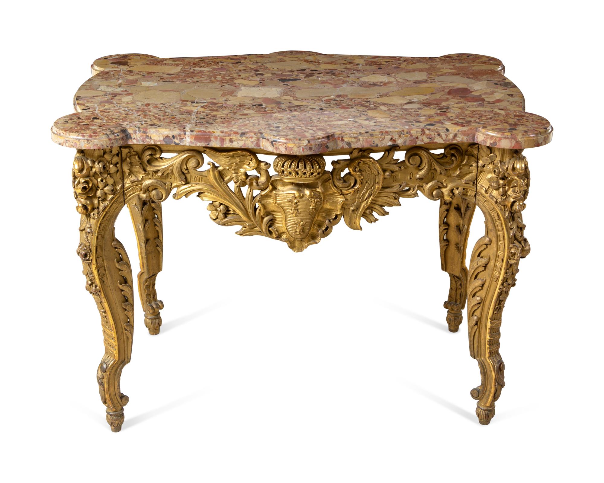 A Louis XV Style Carved Giltwood Marble-Top Center Table