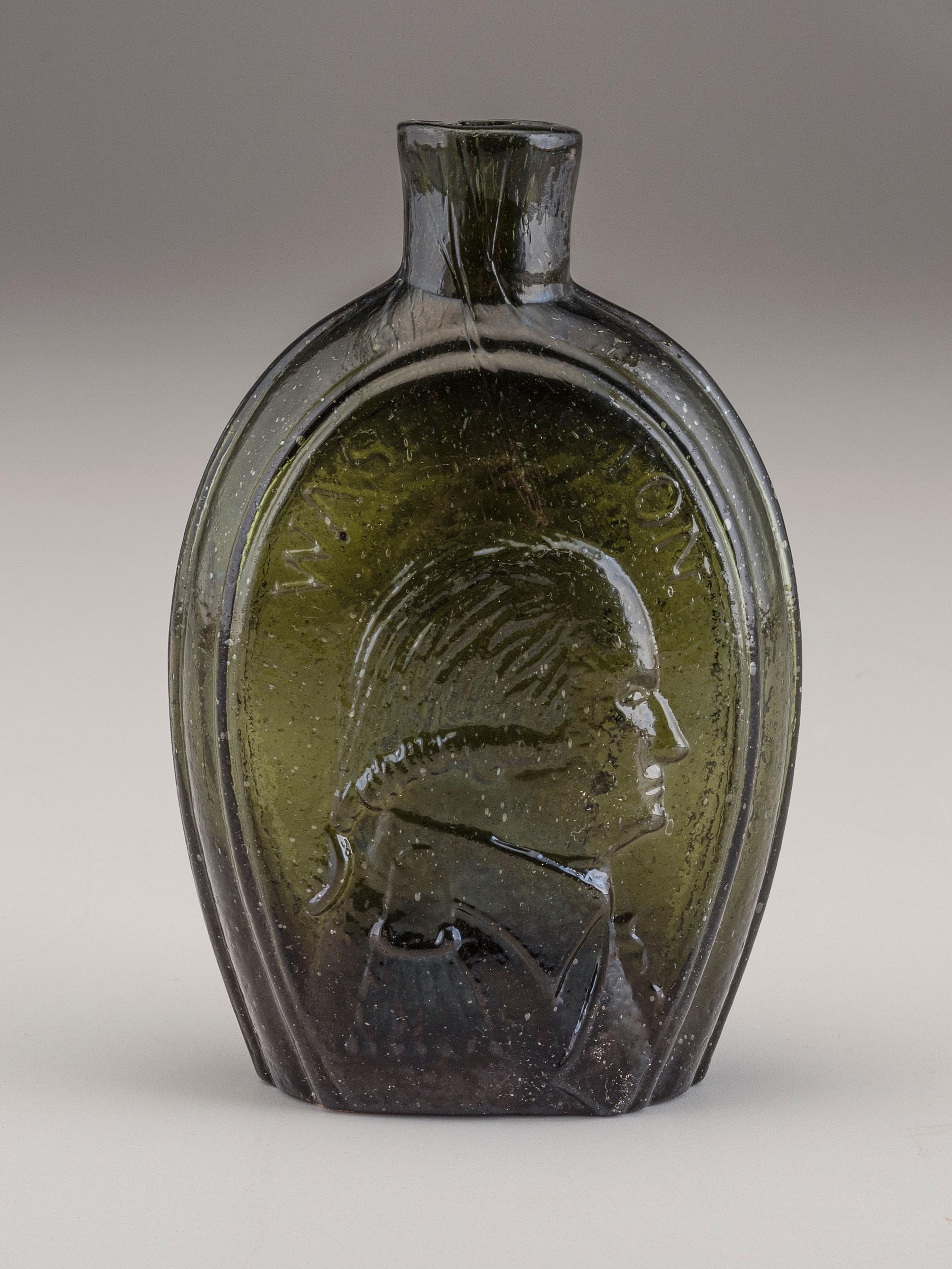A Molded-Glass Flask in Olive by Coventry Glass Works