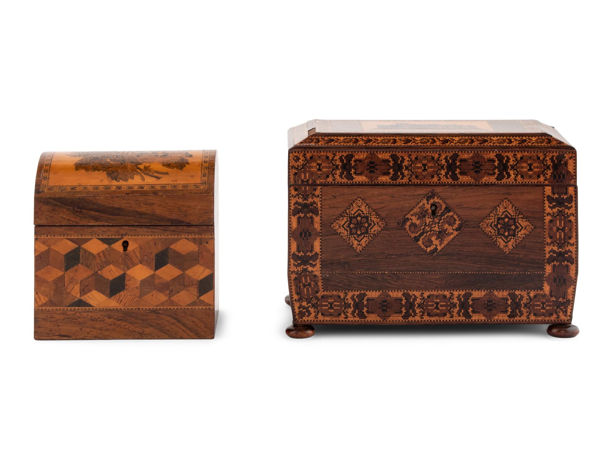 Two English Tunbridge Ware Tea Caddies