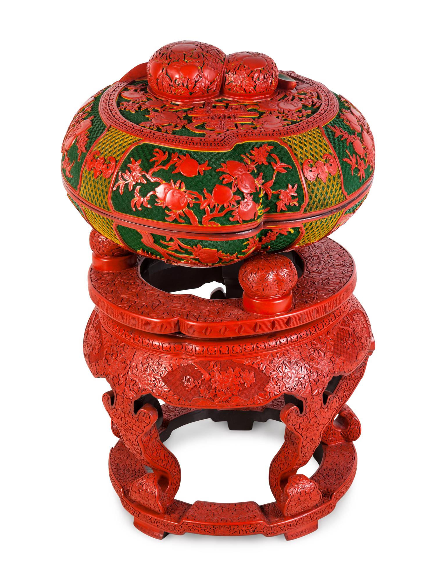 A Set of Chinese Export Carved Red Lacquer "Peach" Nesting Boxes and a Stand