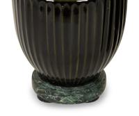 A Pair of Black Porcelain Urns on Green Marbelized Bases