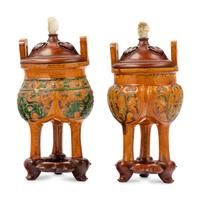 A Pair of Chinese Sancai Glazed Porcelain Tripod Ding Vessels