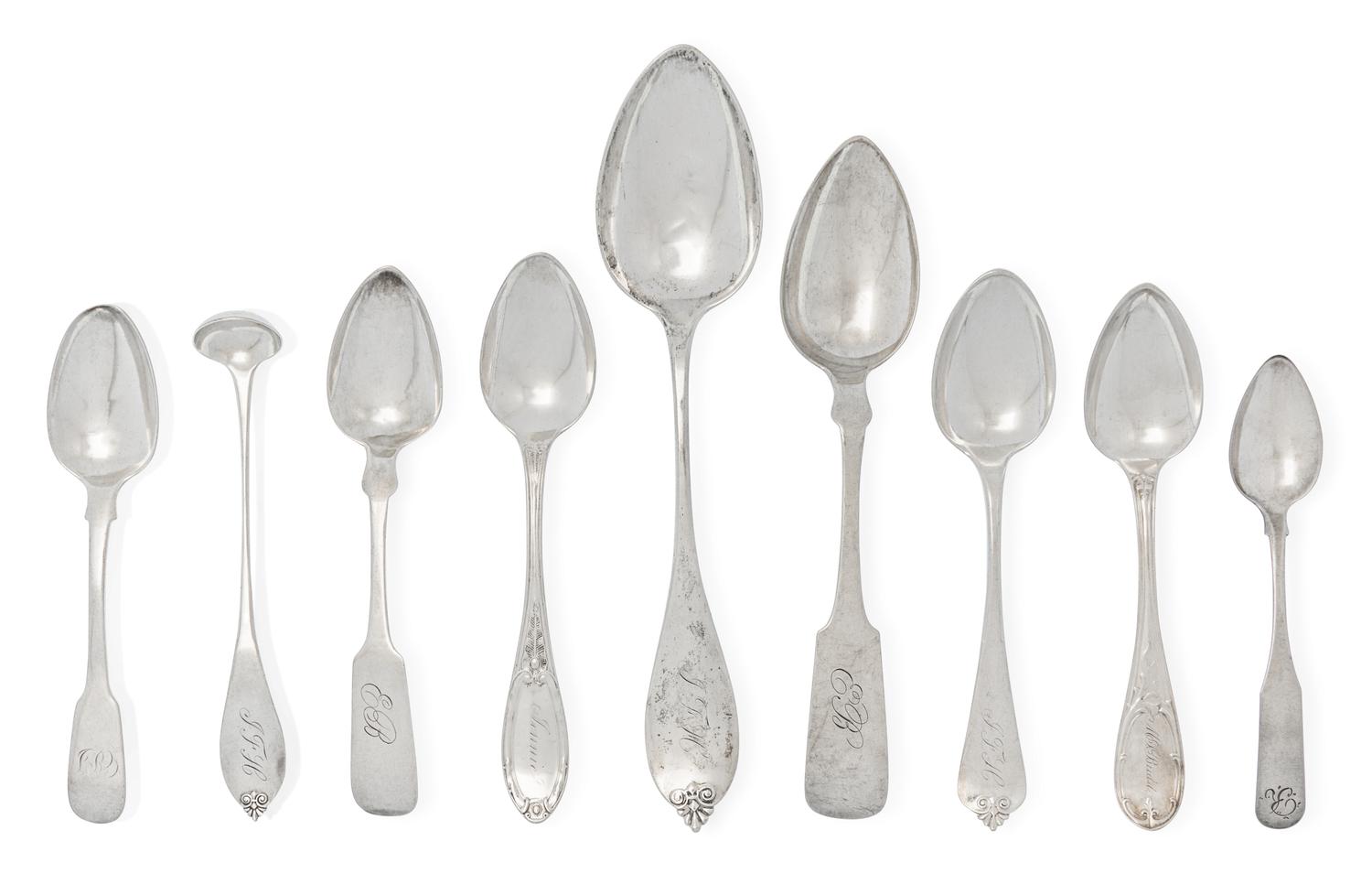A Group of Coin Silver Flatware, Various Makers, Primarily 19th Century, comprising a set of five teaspoons and a pair of tablespoons m