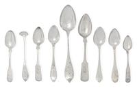 A Group of Coin Silver Flatware, Various Makers, Primarily 19th Century, comprising a set of five teaspoons and a pair of tablespoons m