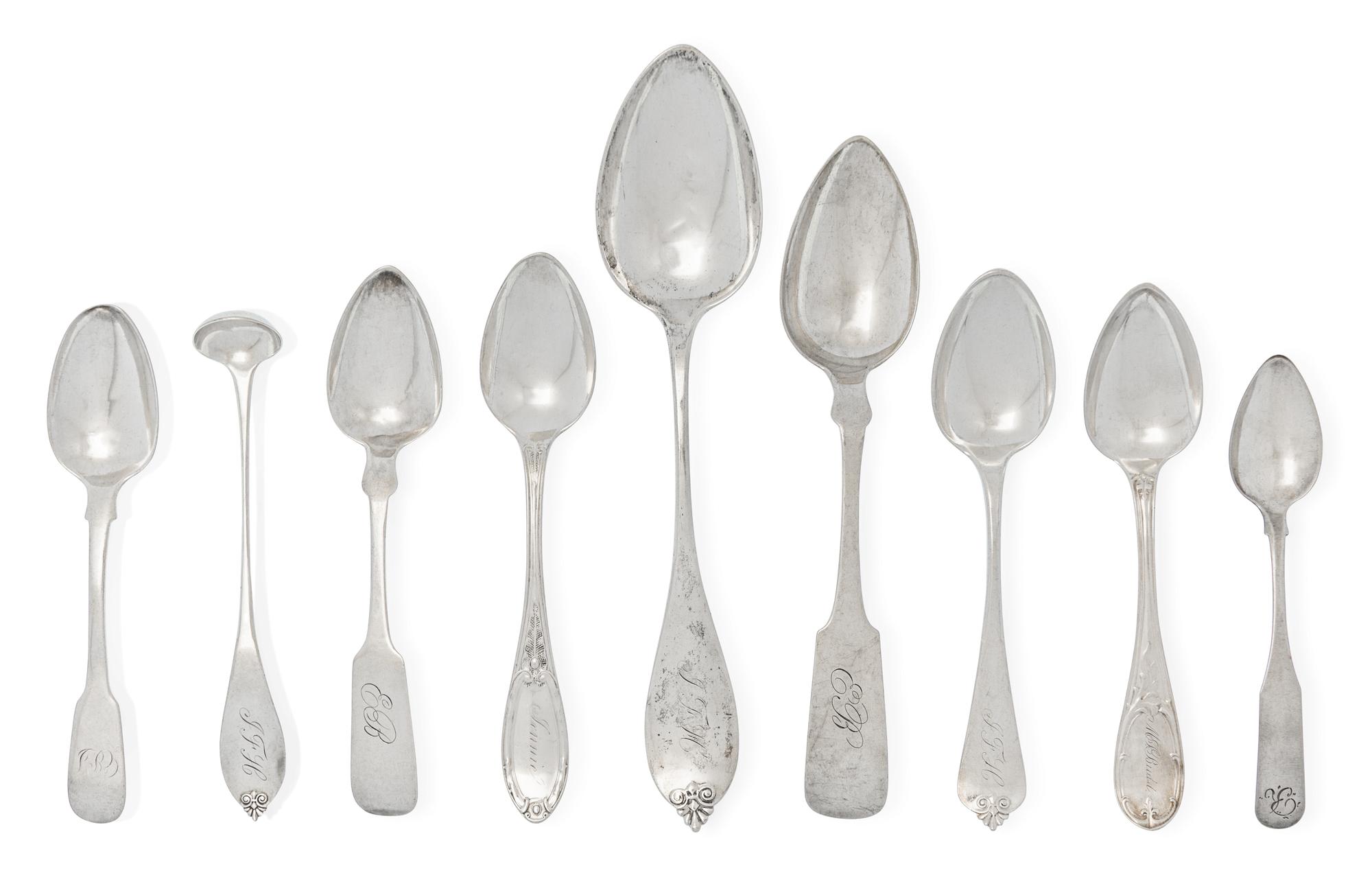 A Group of Coin Silver Flatware, Various Makers, Primarily 19th Century, comprising a set of five teaspoons and a pair of tablespoons m