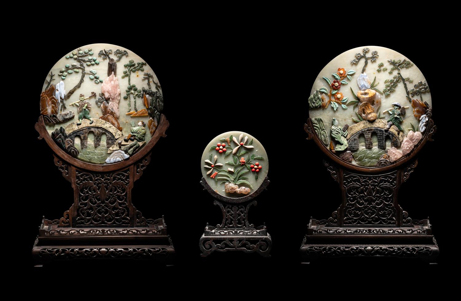 Three Chinese Hardstone Inset Serpentine Table Screens