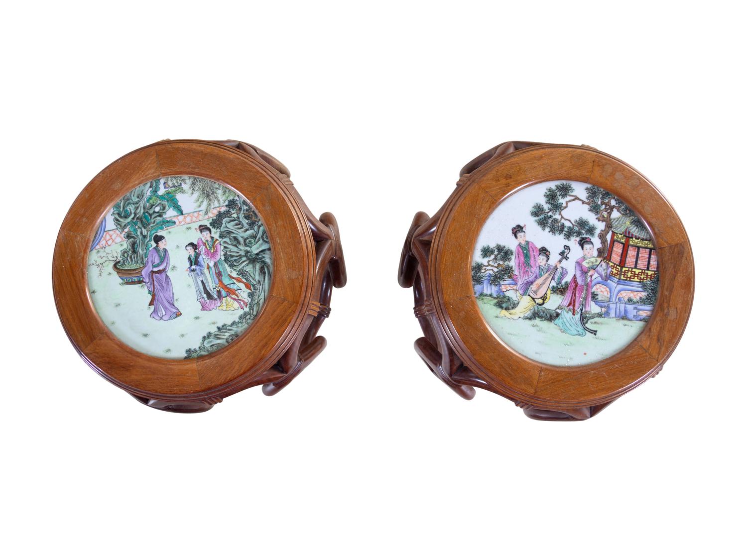 A Pair of Chinese Famille Rose Porcelain Inset Hardwood Stools