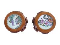 A Pair of Chinese Famille Rose Porcelain Inset Hardwood Stools
