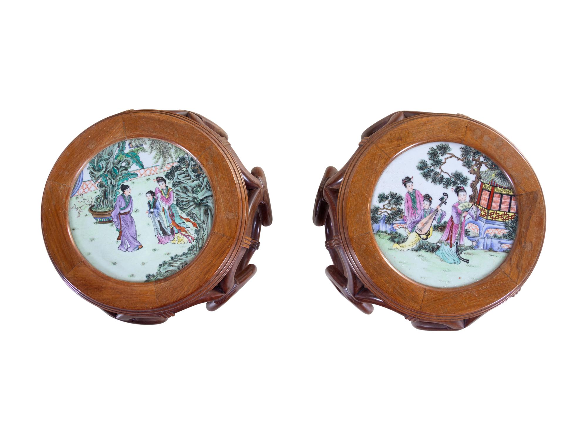 A Pair of Chinese Famille Rose Porcelain Inset Hardwood Stools