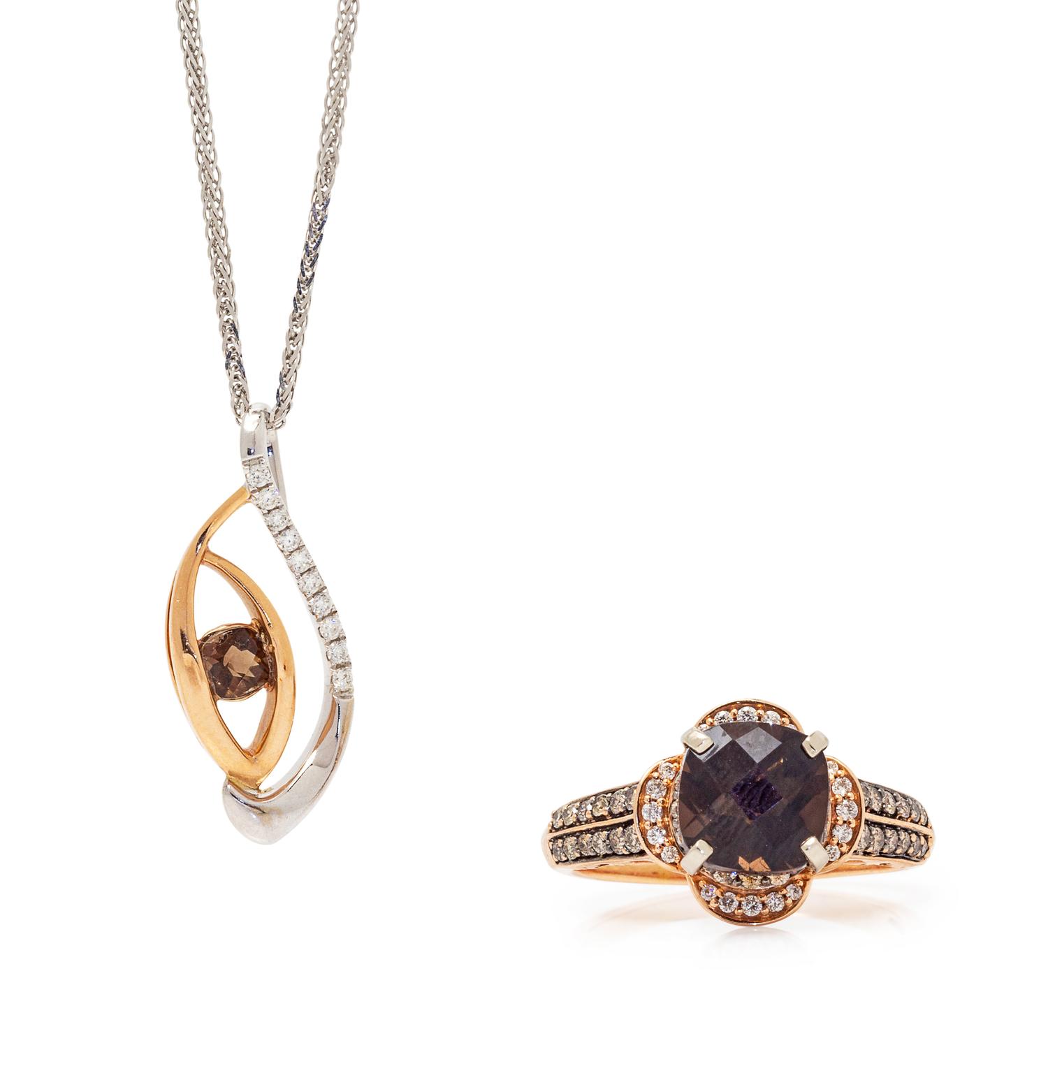A Collection of 14 Karat Bicolor Gold, Smoky Quartz and Diamond Jewelry,