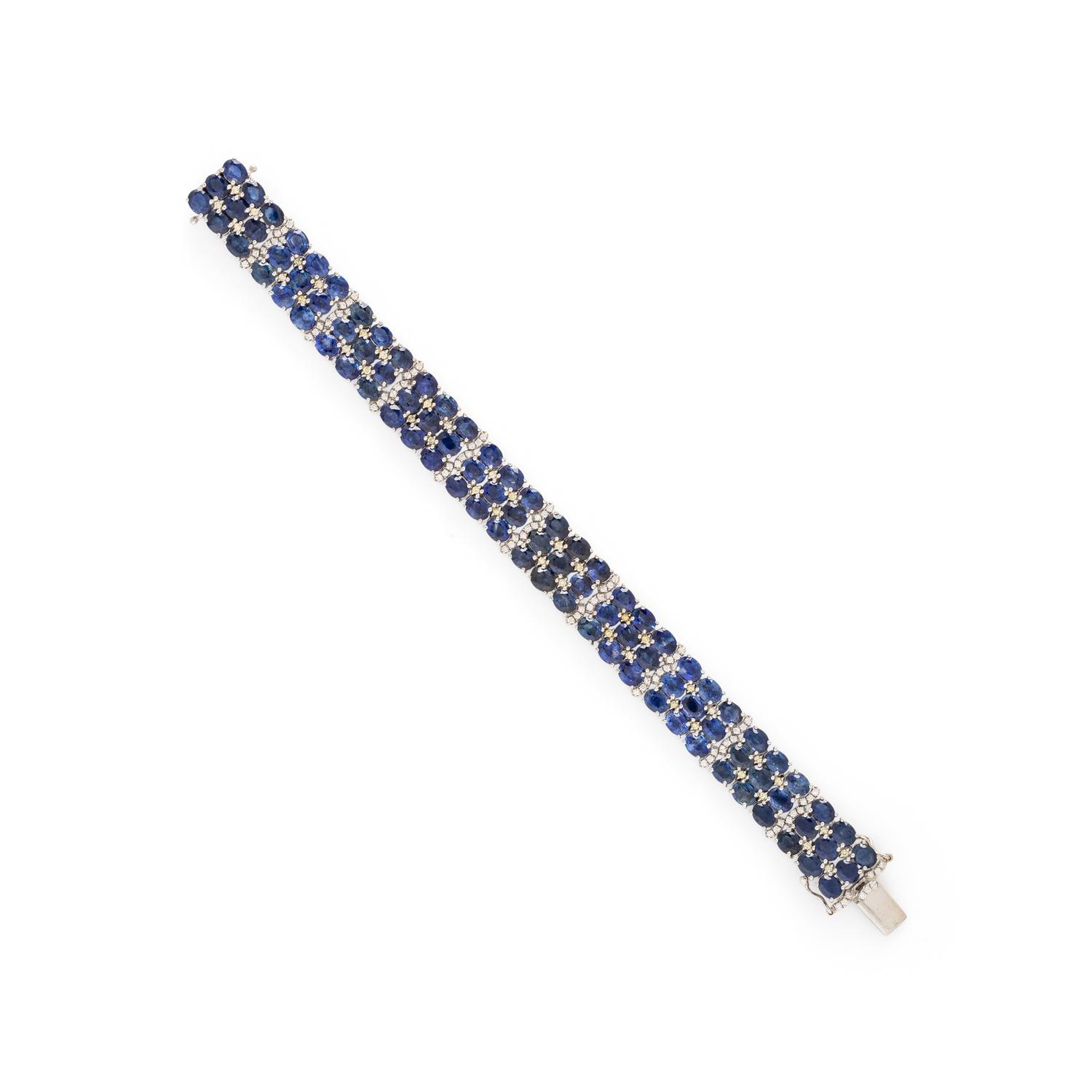 SAPPHIRE, DIAMOND, COLORED DIAMOND, AND WHITE GOLD BRACELET