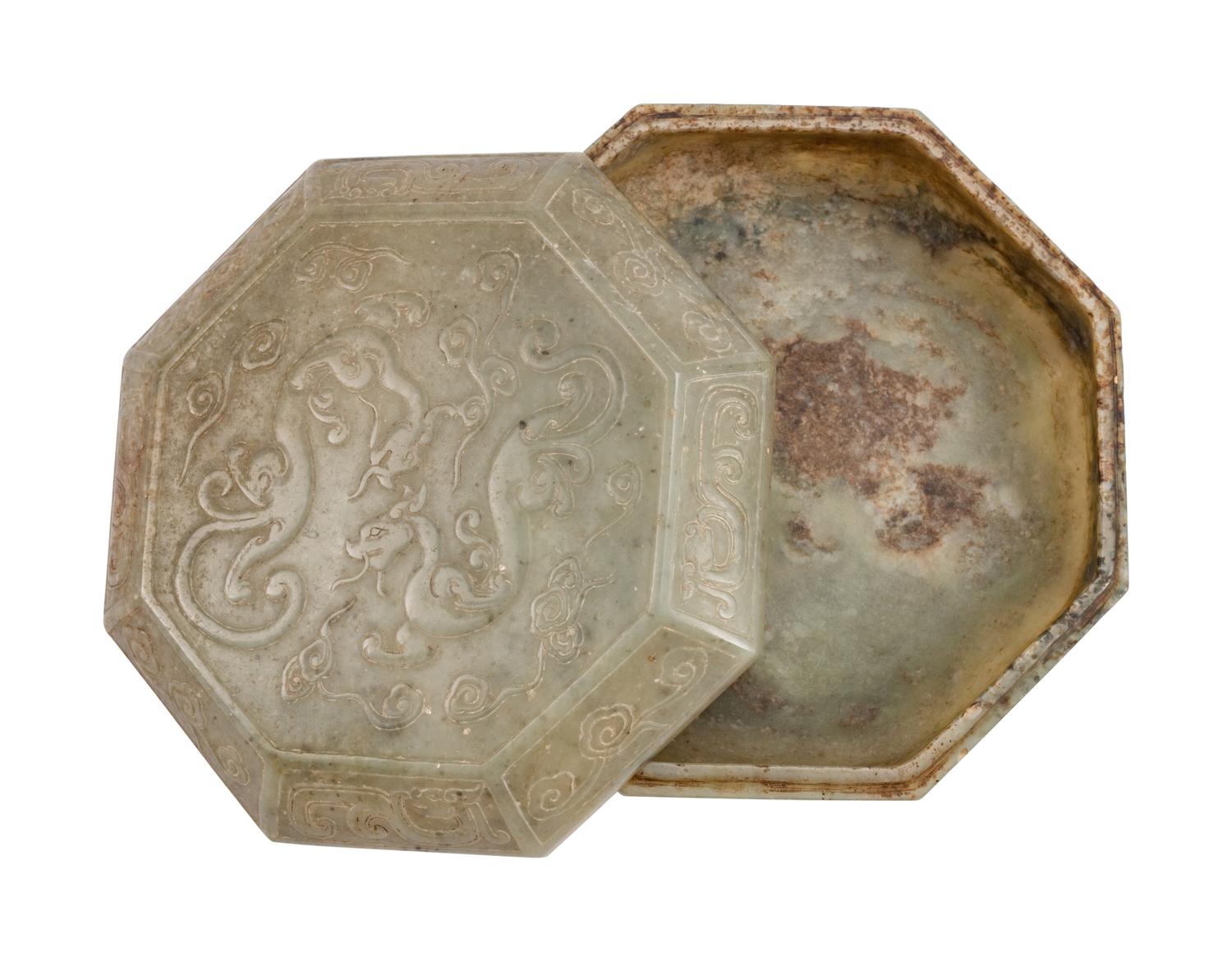 A Chinese Carved Jadeite Octagonal Box and Cover