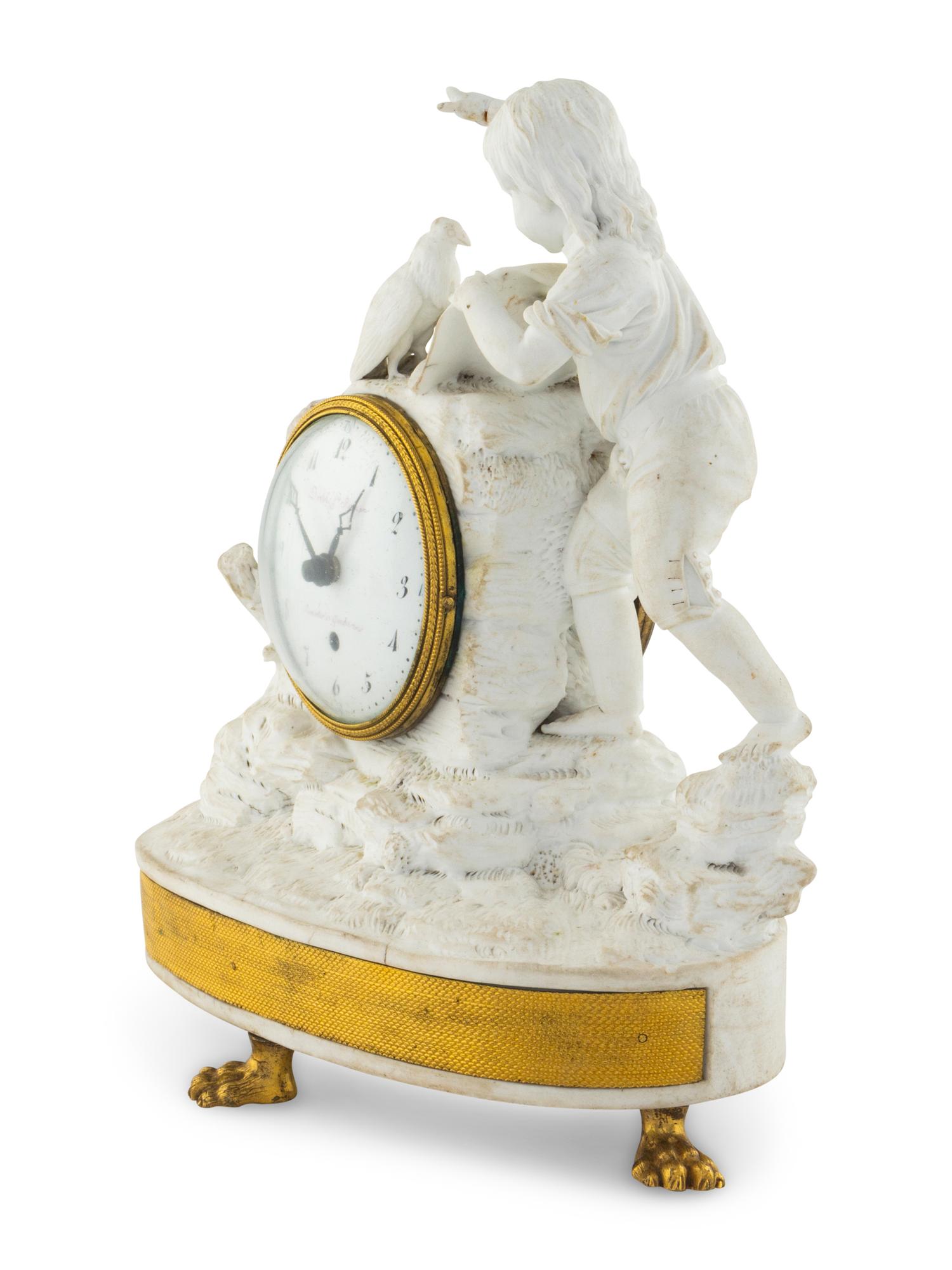 A French Gilt Bronze Mounted Biscuit Porcelain Figural Clock
