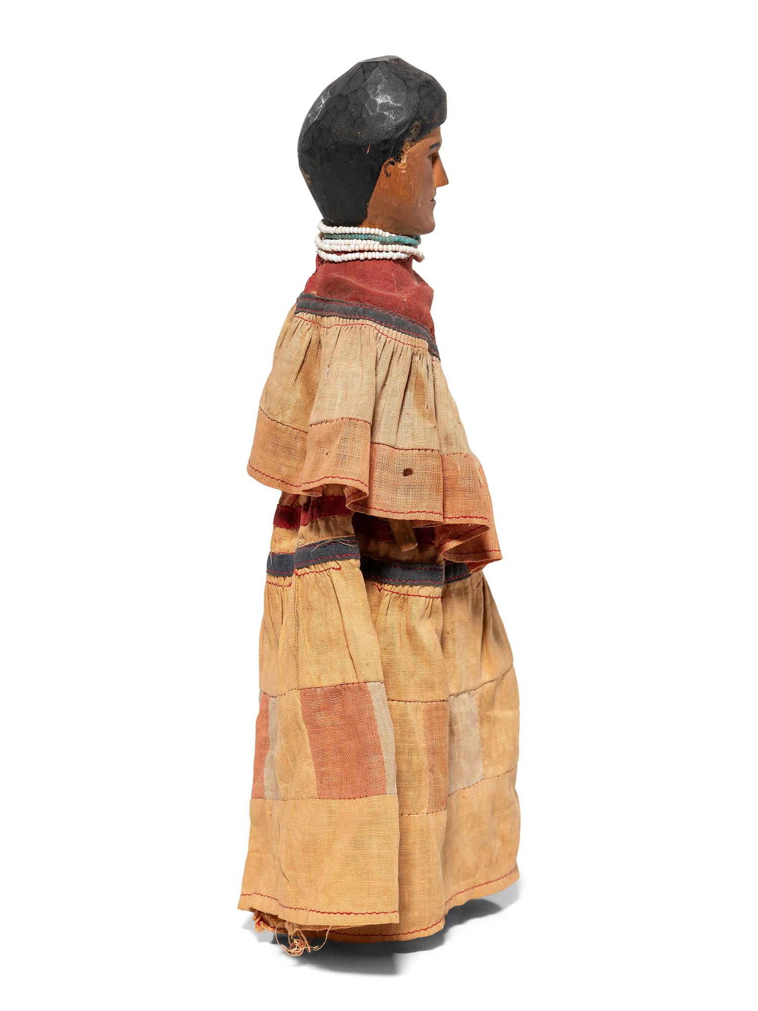 Seminole Carved and Painted Wood Doll, with Patchwork Dress
