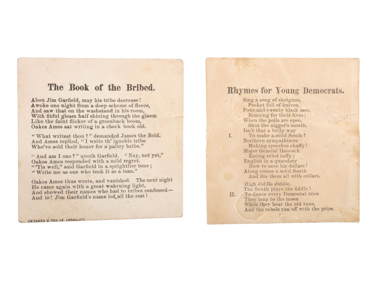 [1880 ELECTION]. A pair of James A. Garfield and Winfield S. Hancock metamorphic cards. New York: George H. Hanks, 1880.