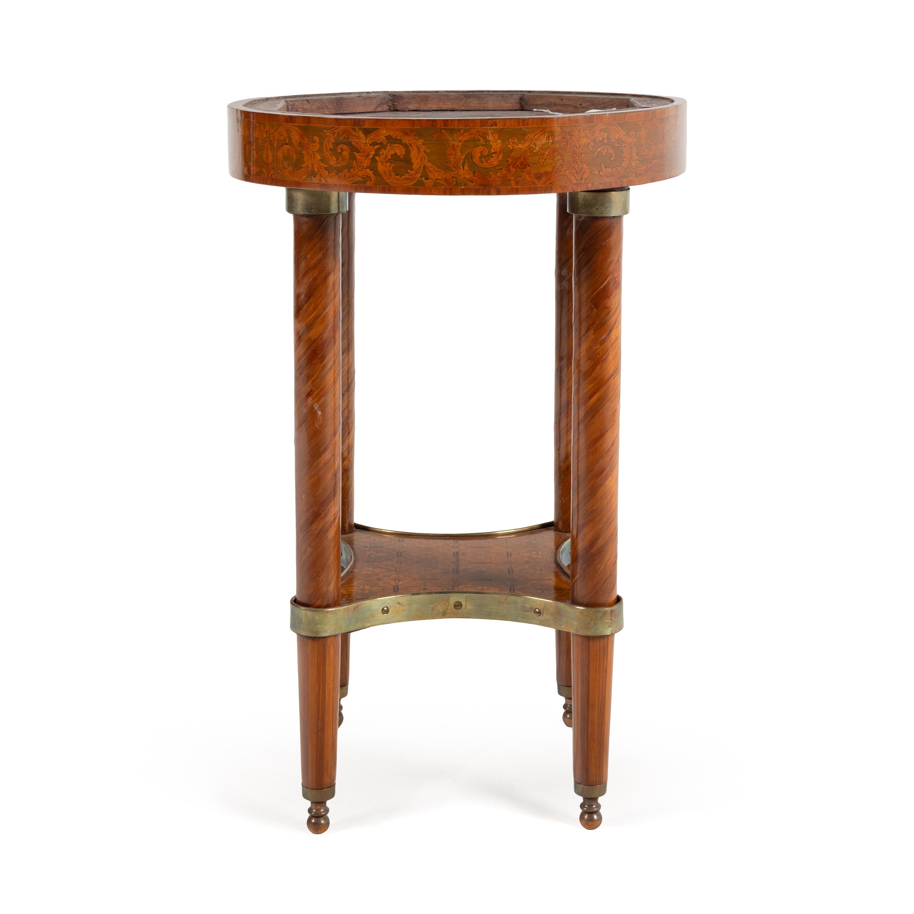 A Louis XVI Gilt Bronze Mounted Marquetry and Tulipwood Gueridon