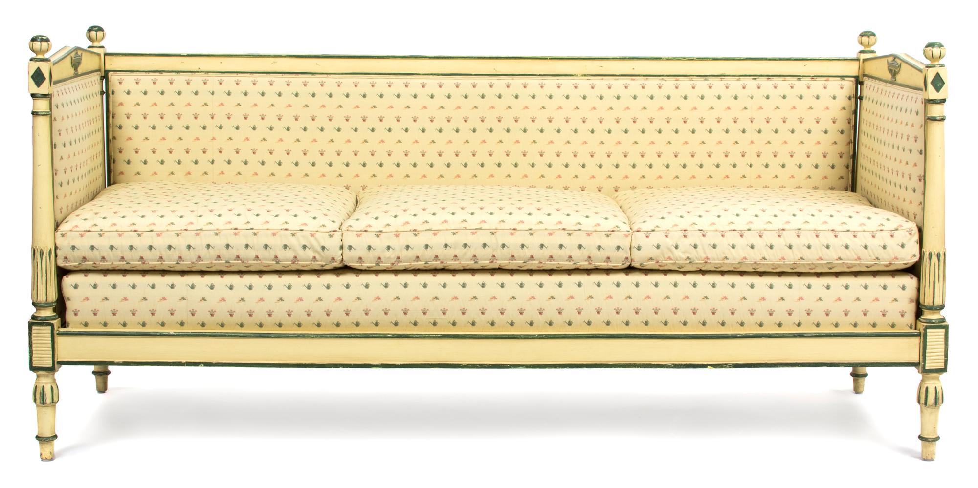 A Gustavian Style Painted Day Bed Height 38 1/2 x width 82 1/4 x depth 30 1/2 inches. — 20TH CENTURY