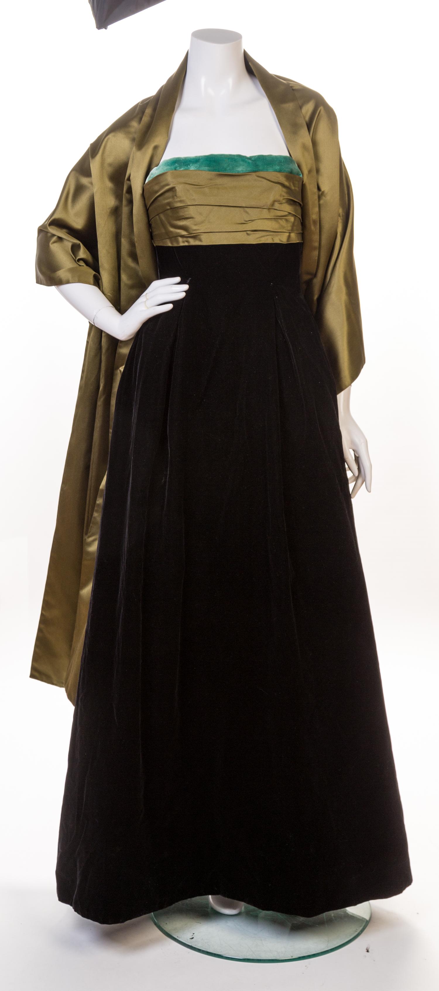 A Balmain Black Velvet Strapless Gown, Dress no size; Shawl 116" x 24".