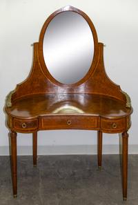 A Burlwood Mother-of-Pearl Inlaid and Gilt Metal Mounted Dressing Table Height 64 1/4 x width 44 x depth 20 inches. — 19TH/20TH CENTURY