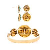 YELLOW GOLD, TURQUOISE, AND SEED PEARL BRACELET AND EARRINGS